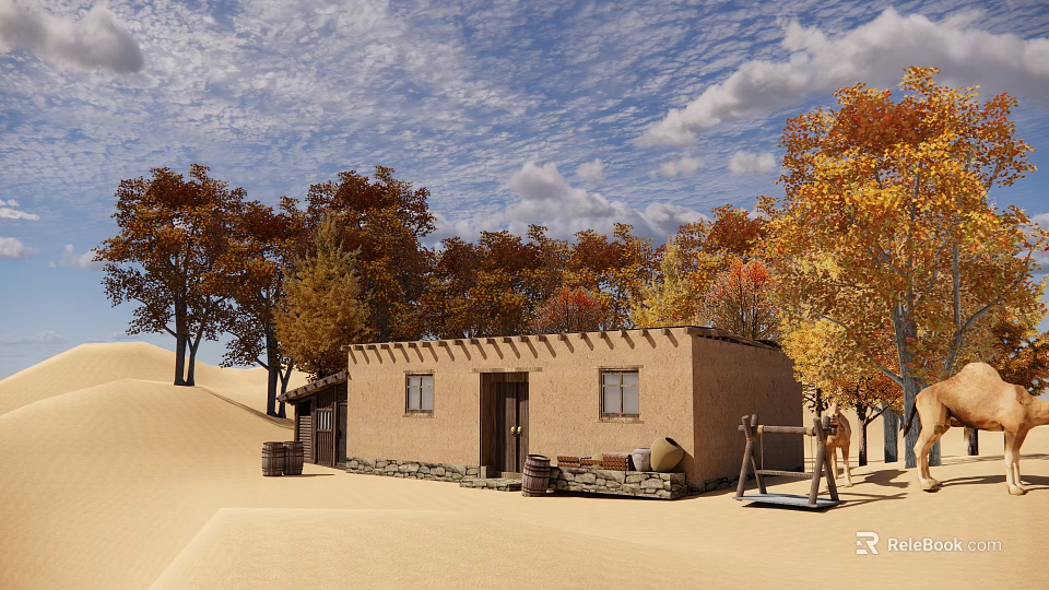 Desert Adobe House With Autumn Trees Wooden Barrels And Tools Under Cloudy Sky 3d model 