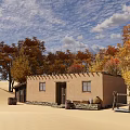 Desert Adobe House With Autumn Trees Wooden Barrels And Tools Under Cloudy Sky