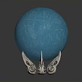 Shiny Blue Glass Sphere Decorative Art Piece With Intricate Silver Base Stand