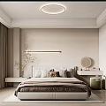 Modern Bedroom Interior Design With Beige Walls Round Ceiling Light And Floor To Ceiling Windows