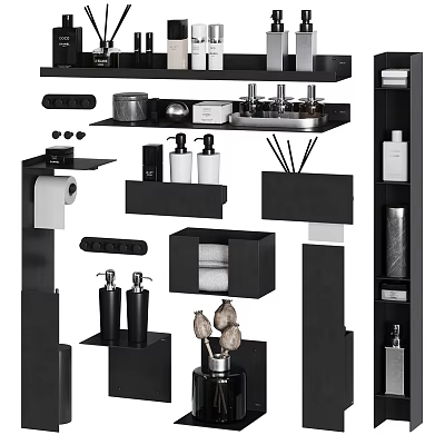 Modern Bathroom Accessories Set With Black Shelves Soap Dispensers And Towel Holders 3d model
