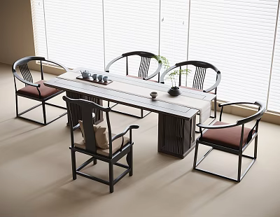 Minimalist Chinese Wooden Tea Table and Chairs Set for Living Room Design 3d model