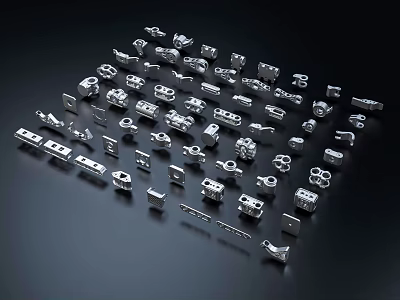 Various Silver Metal Mechanical And Electronic Components Scattered On Black Background 3d model