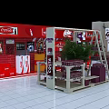Coca Cola Display Area With Red Background Shelves Drinks Green Plants And White Chairs