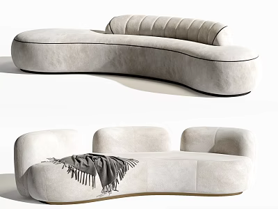 Modern Curved Multi Person Sofa With Light Leather And Blanket Accent Design 3d model