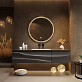 Modern Bathroom Cabinet With Round Gold Frame Mirror And Decorative Pendant Lights