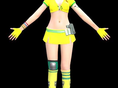 Yellow Outfit Game Character With Short Skirt Gloves Knee Pads And Waist Device 3d model