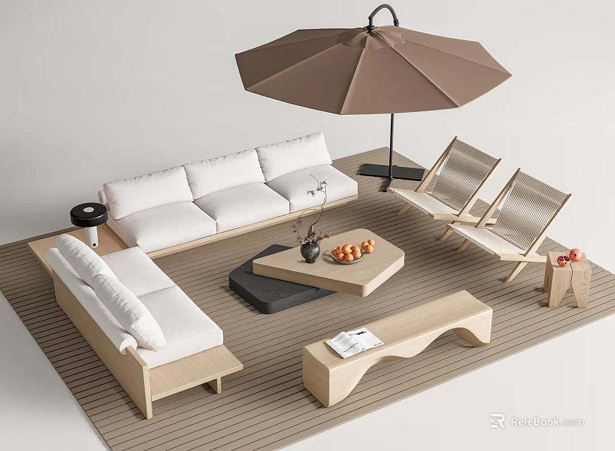 Outdoor Sofa with Umbrella Wicker Chairs and Coffee Table in Wooden Lounge Area 3d model 