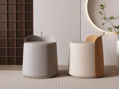 Minimalist Modern Stools Light Gray Beige Upholstered With Wooden Grid Wall And Green Plant 3d model
