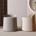 Minimalist Modern Stools Light Gray Beige Upholstered With Wooden Grid Wall And Green Plant