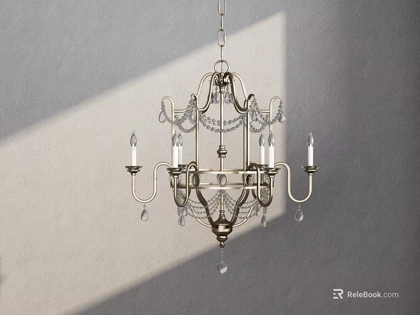 Vintage Brass Chandelier With Crystal Prisms And Candle Shaped Arms 3d model 