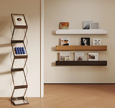 Modern Multi tier Storage Shelving Unit With Wooden Layers And Decorative Items 3d model