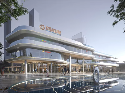 Modern Sales Office Building With Streamlined Glass Facade And Urban Plaza Water Feature 3d model