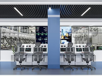 Modern Monitoring Room Interior With Multiple Monitor Screens Control Panels And Ergonomic Chairs 3d model