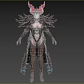 Woman Character With Red Horns Black Feathers And White Ornate Outfit Design