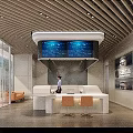 Modern Service Hall Interior With Reception Desk Digital Screens And Comfortable Seating