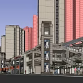 Multi Level Commercial Street Featuring Staircases Green Plants Outdoor Seating And Umbrellas