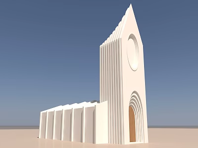 White Modern Architectural Structure With Spire Circular Window Arched Door And Desert Landscape 3d model