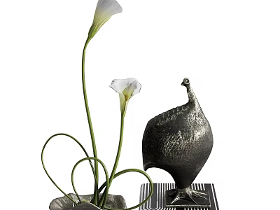 Elegant Ornamental Decor Set With White Flowers Green Stems And Peacock Figurine On Striped Base 3d model