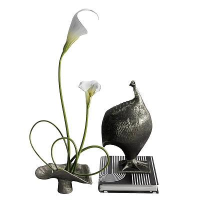 Elegant Ornamental Decor Set With White Flowers Green Stems And Peacock Figurine On Striped Base 3d model