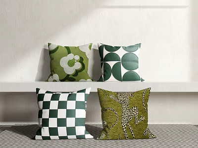 Green Throw Pillows With Floral Geometric Checkerboard And Leopard Prints On White Shelf 3d model