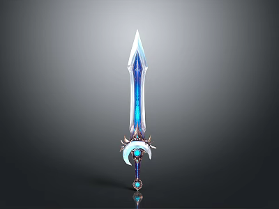 Fantasy Blue Luminous Sword With Decorative Moon Shaped Hilt And Gemstone 3d model
