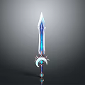 Fantasy Blue Luminous Sword With Decorative Moon Shaped Hilt And Gemstone