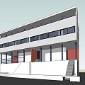 Modern Two Story Detached House With Large Windows White Red Exterior Pillars And Stairs