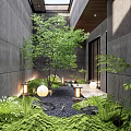Courtyard Garden With Gray Walls Skylight Lush Green Plants Lanterns Stones And Natural Moss
