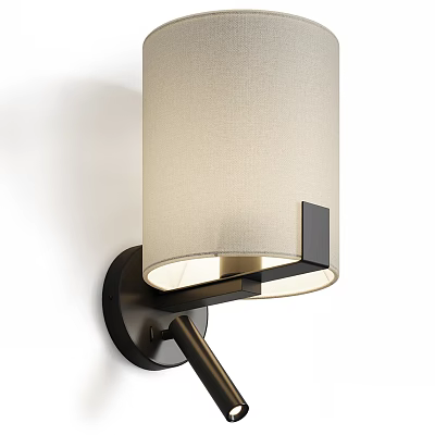 Modern Wall Lamp With Beige Fabric Shade And Black Metal Bracket Mounted On White Wall 3d model