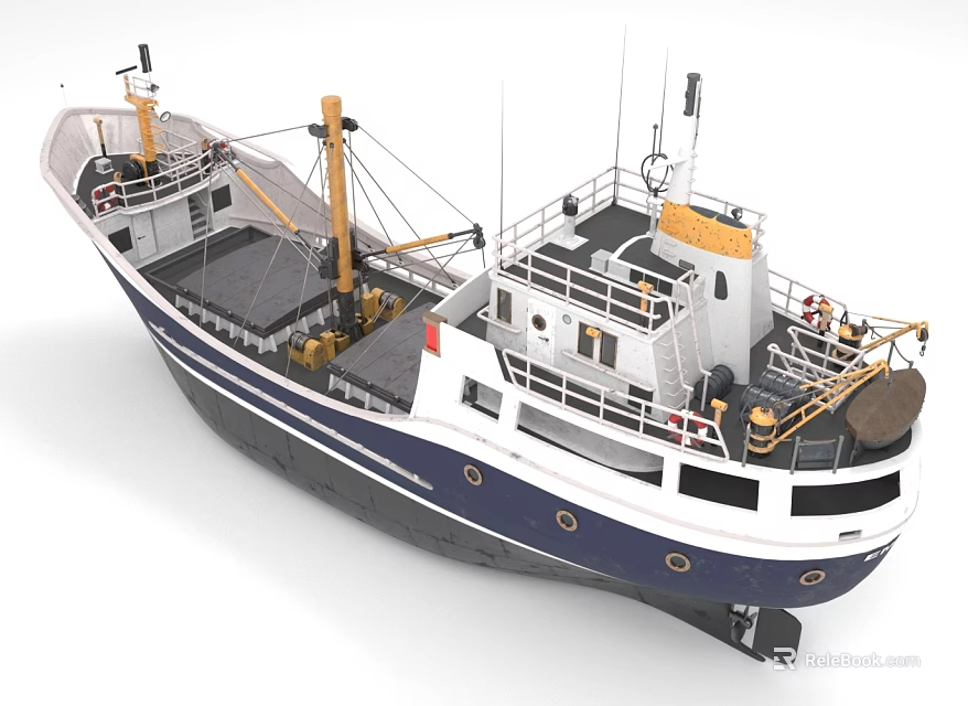 Blue And White Ship With Deck Equipment Details 3d model 