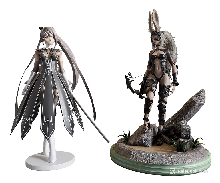 Two Intricate Anime Collectible Figures With Detailed Costumes Staff Bow And Bases 3d model 