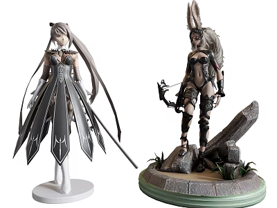 Two Intricate Anime Collectible Figures With Detailed Costumes Staff Bow And Bases 3d model