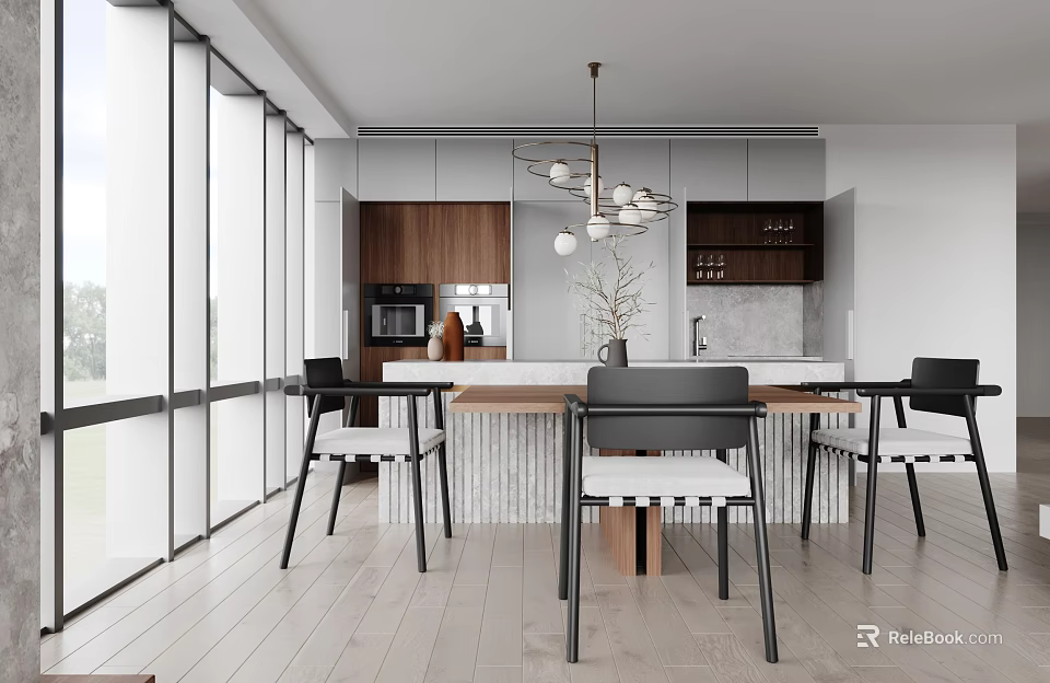 Modern Open Concept Restaurant Interior With Large Windows Dining Table Chairs And Pendant Light 3d model