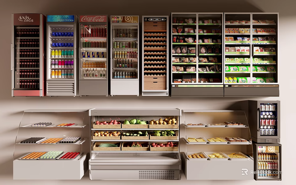 Retail Store Refrigerators and Freezers Displaying Beverages Fruits Vegetables and Frozen Foods 3d model 