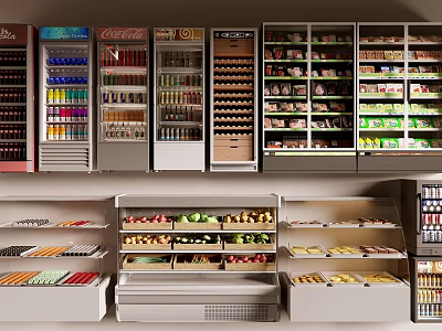 Retail Store Refrigerators and Freezers Displaying Beverages Fruits Vegetables and Frozen Foods 3d model