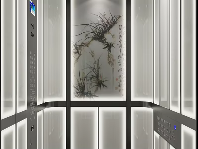 Elegant Modern Elevator Interior Design With Glass Panels Soft Lighting And Artistic Decor 3d model