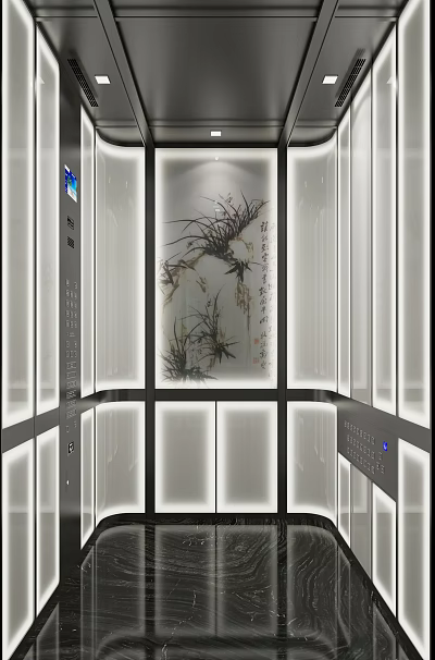 Elegant Modern Elevator Interior Design With Glass Panels Soft Lighting And Artistic Decor 3d model