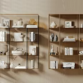 Decorative Ornament Combination on Metal Frame Shelves with Vases Books Sculptures Against Beige Wall