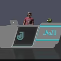 Modern Exhibition Reception Desk With Blue Lines Laptop Potted Plant And JAOZU Logo