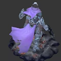 Futuristic Warrior Character In Armor With Purple Scarf Dual Guns On Lava Rock Base