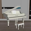 Elegant White Grand Piano With Sheet Music And Stool In Modern Interior Wooden Wall Bookshelves