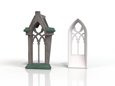 Gothic Architectural Elements Featuring Pointed Arch Window Frames With Wooden Structure And White Decorative Design 3d model