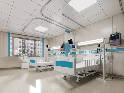Hospital Ward Interior With Medical Beds Monitors Windows And Blue White Decor 3d model