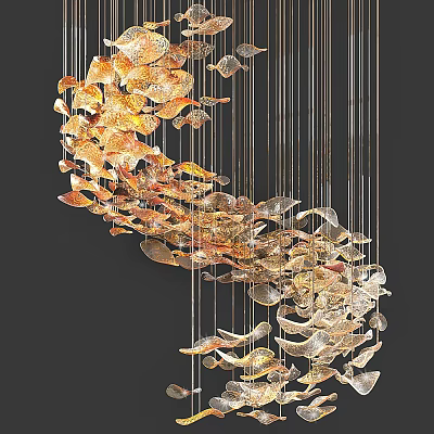 Artistic Contemporary Crystal Chandelier With Hanging Leaf Shaped Gold And Transparent Decorative Elements 3d model