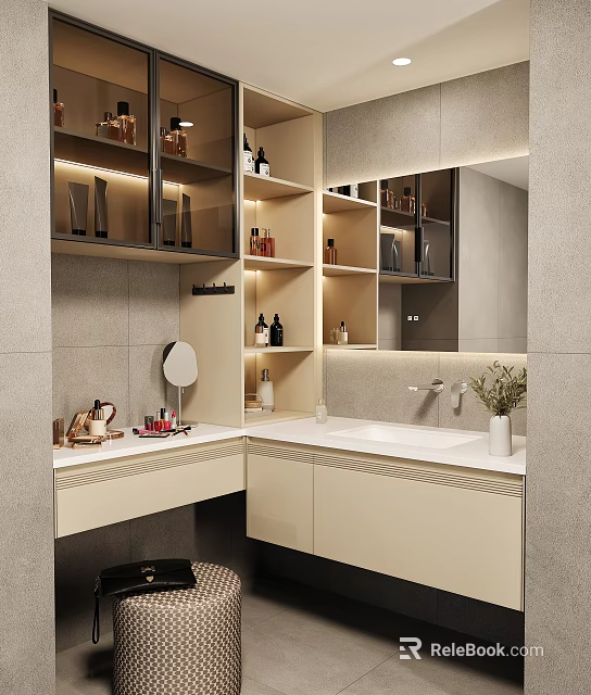 Sleek Modern Bathroom Cabinet With Storage Shelves Large Mirror And White Countertop 3d model 