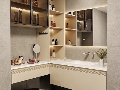Sleek Modern Bathroom Cabinet With Storage Shelves Large Mirror And White Countertop 3d model