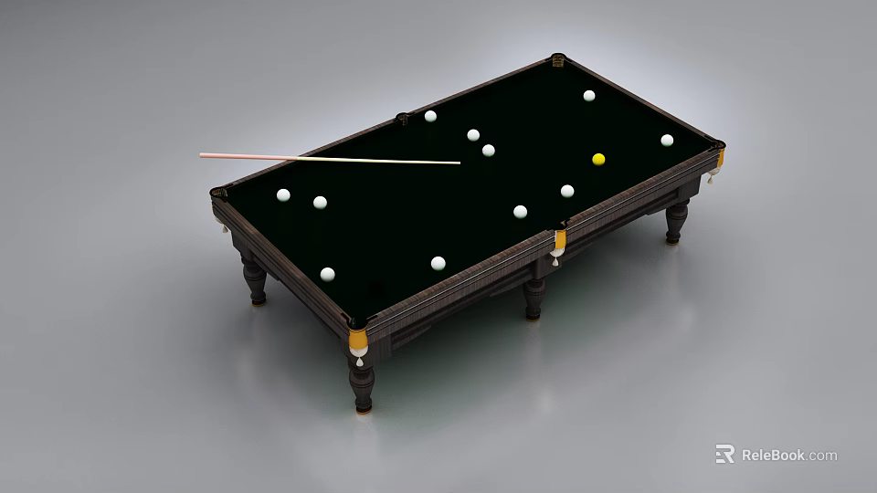 Dark Wooden Billiard Table Sports Equipment with White Balls Yellow Cue Stick and Carved Legs 3d model 