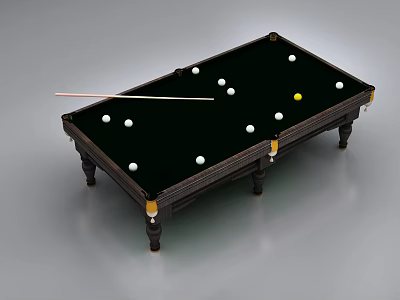 Dark Wooden Billiard Table Sports Equipment with White Balls Yellow Cue Stick and Carved Legs 3d model
