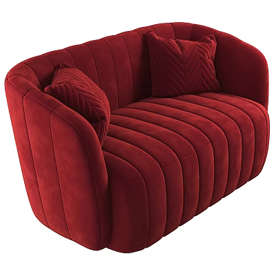 Red Velvet Multi Seater Sofa With Vertical Tufted Design And Herringbone Accent Pillows 3d model